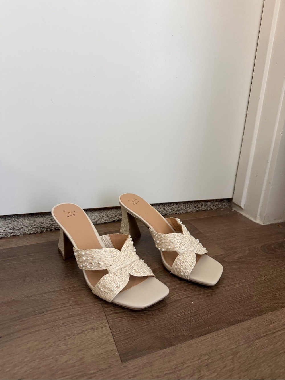 a new day Cream Braided Pearl-Detail Block Heel Mules